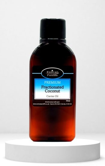 Essican Purelife Fractionated Coconut oil 50ml in an amber bottle.
