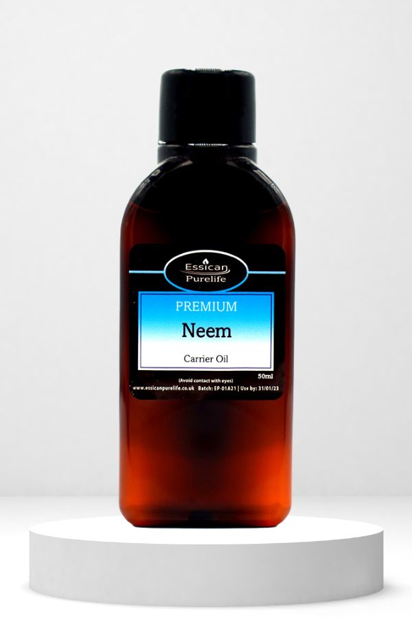 Essican Purelife Neem oil 50ml in an amber bottle.