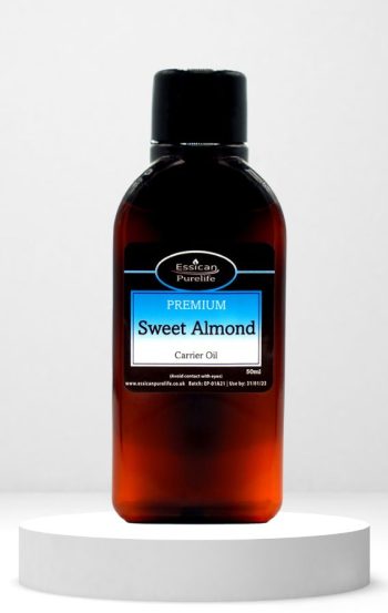 Essican Purelife Sweet Almond oil 50ml in an amber bottle.